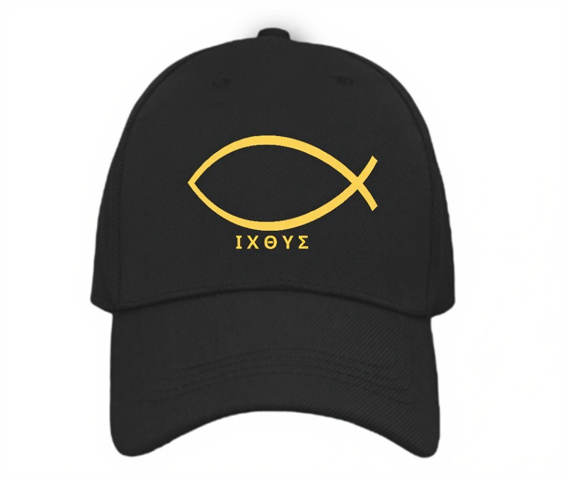 Шапка – Ихтис ΙΧΘΥΣ – Черна със златен принт